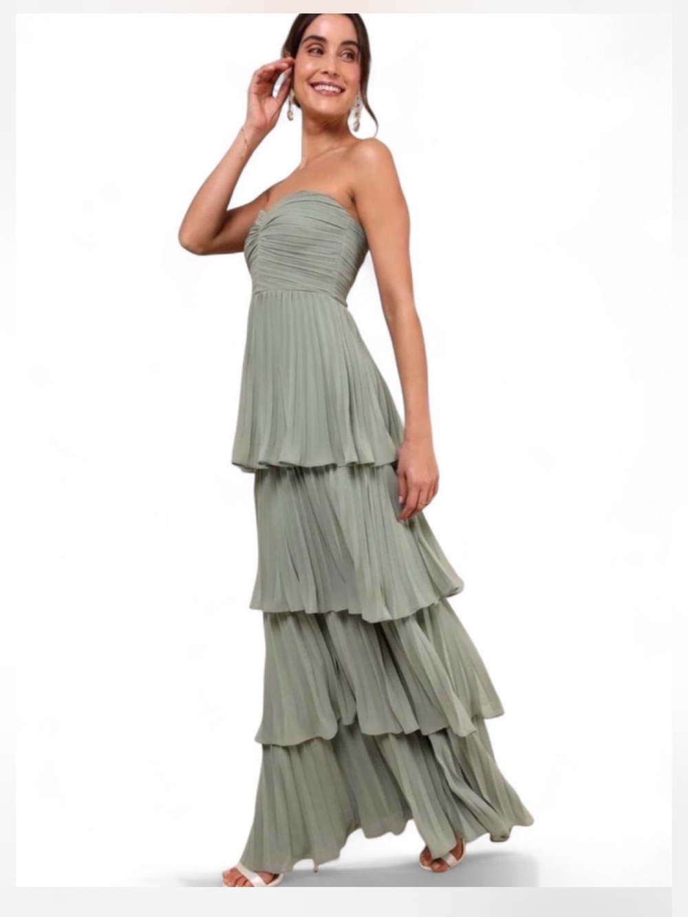 Lulus Seriously Sensational Sage Brush Strapless Tiered Maxi Dress Romantic Boho